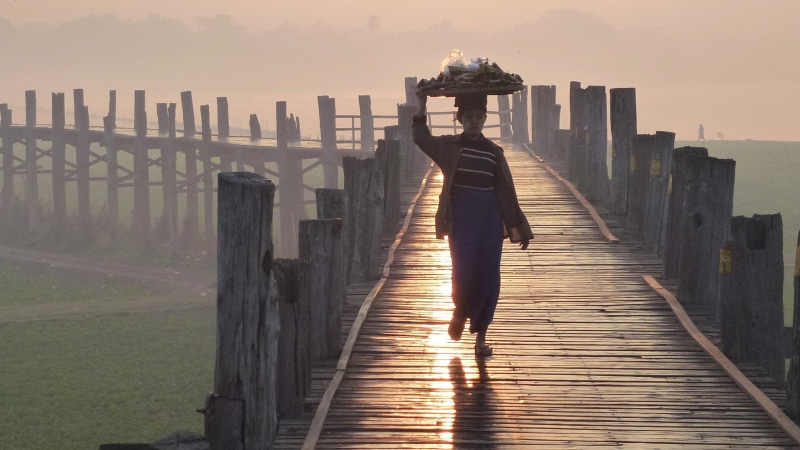 water, footpath, women, myanmar, people, leisure activity, mandalay, lifestyles, wood - material, walking, dock, sky, u bein bridge, architecture, one Person