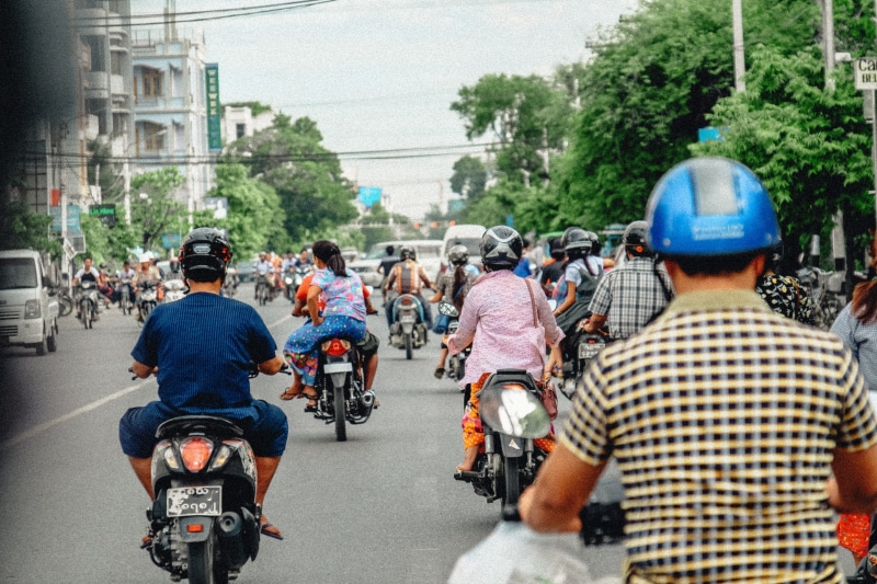 architecture, street, crowd, rear view, group of people, riding, busy street, real people, street view, land vehicle, 4K, asia, mode of transportation