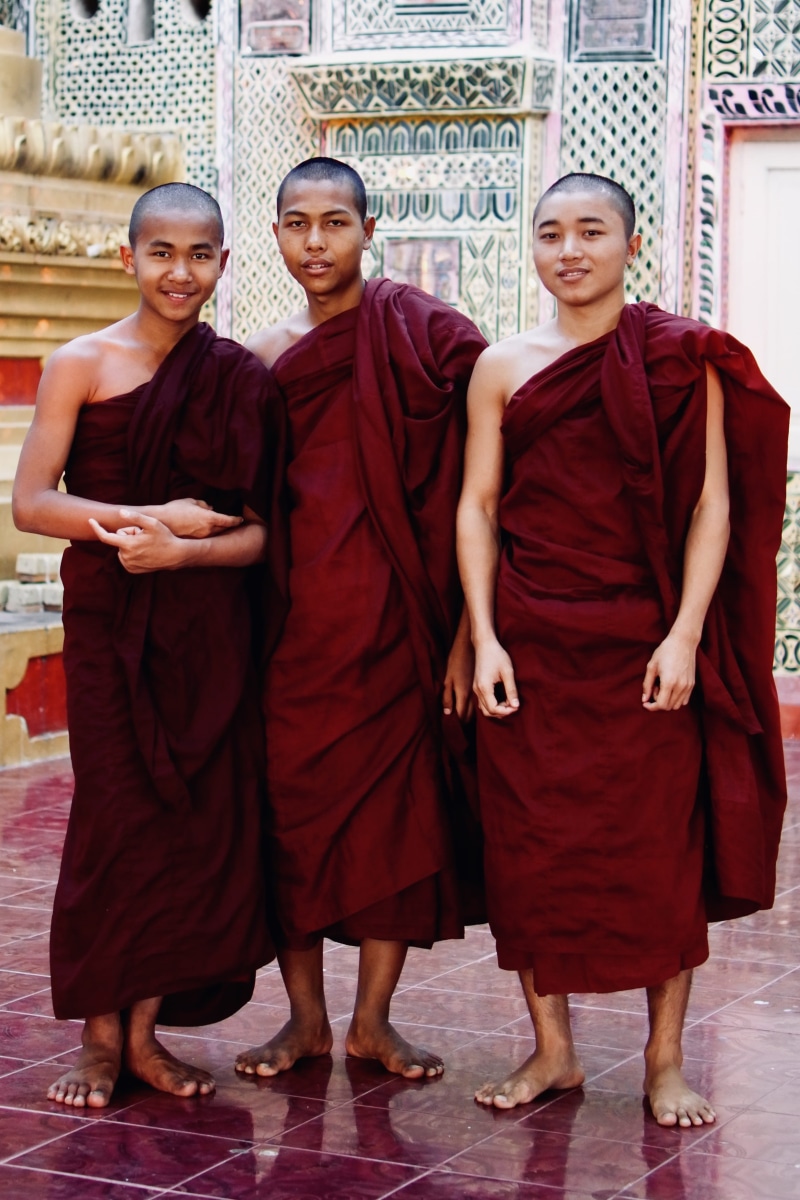 monk, person, monks smile in mandalay hill, vase, belief, maroon, religion, clothing, monastery, crowd, adult, young adult, front view, 2K, young men