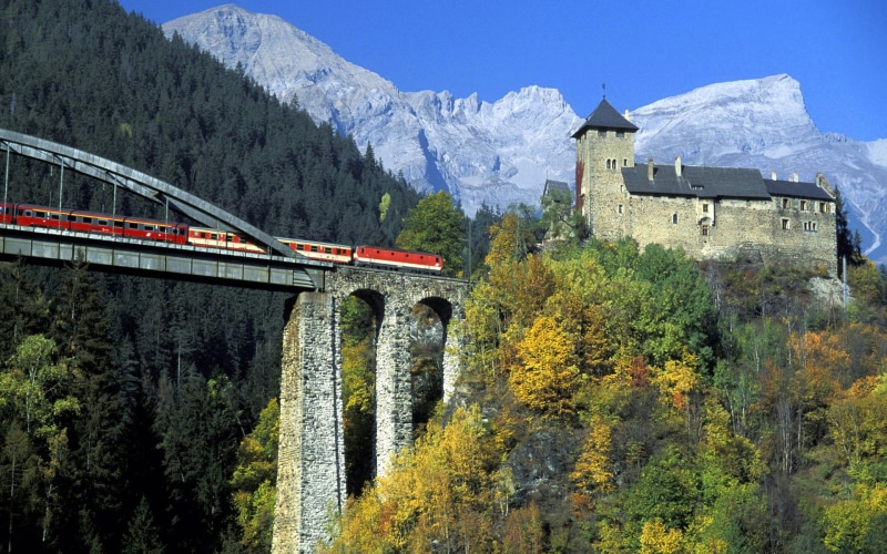 bridge, landscape, Tyrol, Austria, castle, train, nature, 1080P