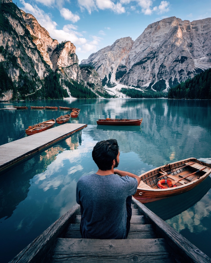 mountain Range, sky, mountain, tree, near, adventure, boat, forest, pier, daytime, river, male, beauty In Nature, journey, 4K, woodland, wood - Material