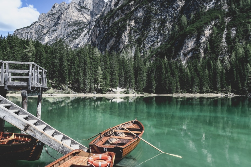 nautical vessel, boathouse, formation, travel, italy, moored, tranquility, mode of transportation, no people, outdoors, blue, plant, forest, dolomites