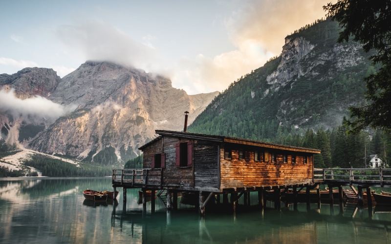 South Tyrol, house, mountains, water, Italy, clouds, 4K, boat, lake, trees, Lake Pragser, nature, reflection, HDR, landscape