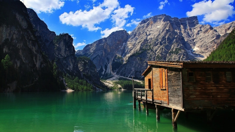 landscape, nature, forest, sea, water, clouds, lake, mountains, South-Tirol, Lake Pragser, 1080P, green