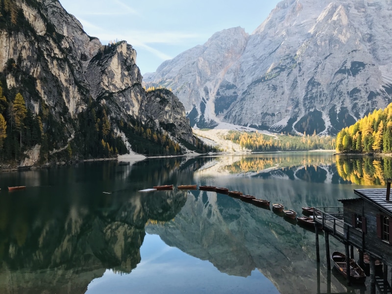 physical geography, mountain range, pragser wildsee, formation, sky, water, bergsee, landscape, outdoors, non-urban scene, scenic, forest, dolomites, lake
