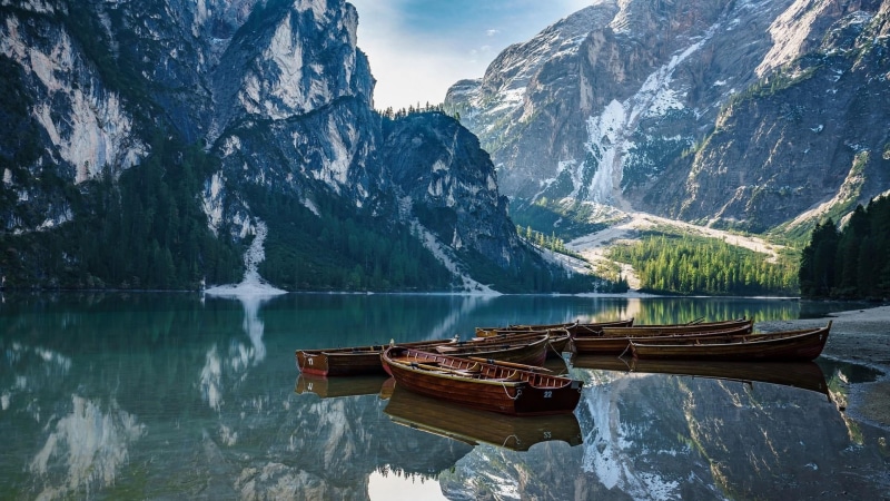 rowboat, idyllic, boat, day, water, mountain range, outdoors, mode of transportation, tyrol, lake braies, scenics - nature, 1080P, nautical vessel, sky