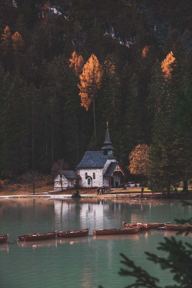 building exterior, fir, black, human, housing, outdoors, reflection, person, belief, place of worship, plant, waterfront, water, painting, 5K, autumn