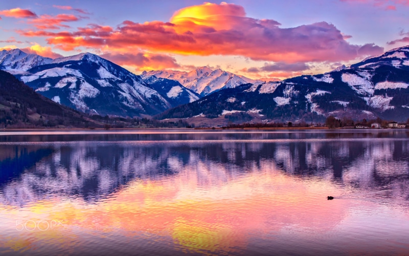 snow, tranquility, beautiful, reflection, snowcapped mountain, sunrise, austria, no people, scenics - nature, zell, waterfront, 2K, winter, water, cloud - sky