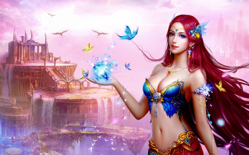 2K, hair, castle, birds, tablet, lake, beautiful, cherry, pc, hd, fantasy, desktop, color, girl, blue, corset