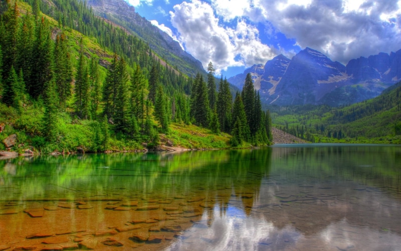 sky, pine, maroon, green, bells, forest, clear, landscape, rocky, 2K, colorado, clouds, lake, water, nature, mountains