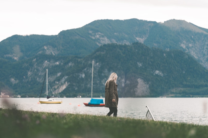 grass, women, river side, scenics - nature, mountain range, plant, traveling, woman, hills, side, nature, autumn, adult, one person, offline, leisure activity