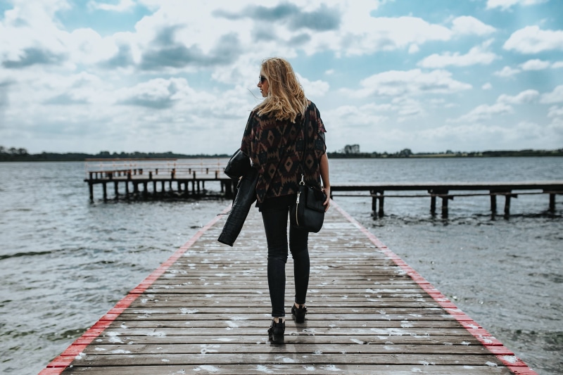 caucasian Ethnicity, cloud - sky, young, one Woman Only, blonde, lifestyles, lake, water, standing, wood, hairstyle, full length, females, people, leisure activity
