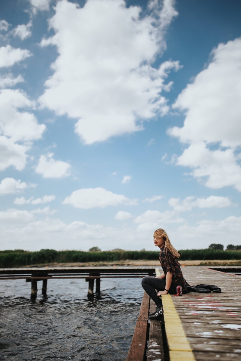 blonde, pretty, wooden pier, pier, women, real people, sky, one Person, lake, lifestyles, adult, jetty, wood, outdoors, wooden, Beautiful, only women, nature