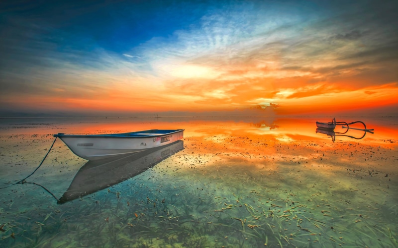 indonesia, beautiful, water, hd, sunset, lake, orange, desktop, sky, reflection, landscape, boat, beach, 2K