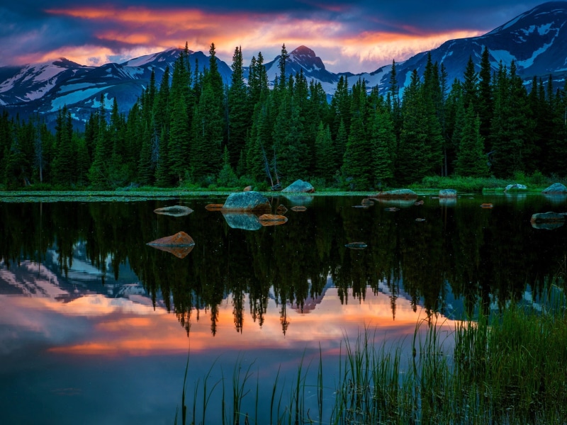Colorado, trees, Red, 1080P, USA, Forest, snow, Rock, Mountain, mountains, Lake, Sunset, photo, Lakes