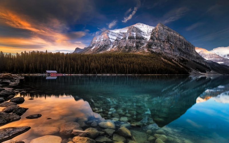 canada, landscape, rock - object, tranquility, alberta, reflection, scenics - nature, hd, cold temperature, forest, water, snowcapped mountain, mountain range