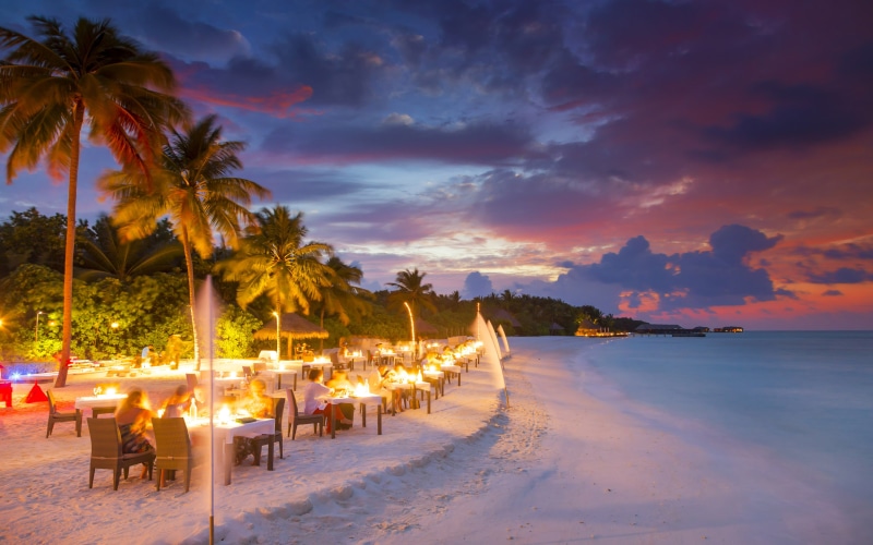sunset, restaurant, setting, romantic, tropical, beach, rangali, island, water, maldives, chair, outdoors, nature, horizon over water, cloud - sky, indian