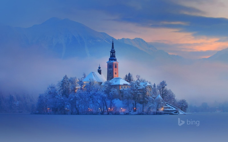 plant, spirituality, building exterior, architecture, bing, winter, slovenia, built structure, lake, sky, desktop, 1080P, cold temperature, mountain, bled