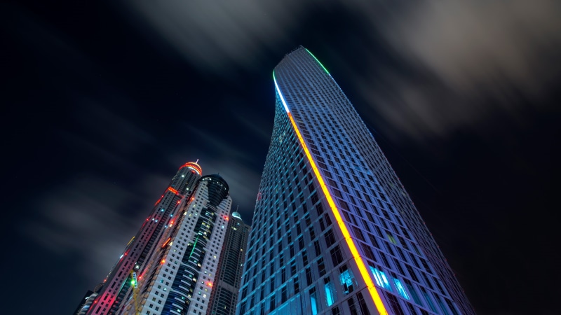 skyscraper, ocean heights tower, 5K, architecture, uae, ocean heights, night, tower, building, united arab emirates, dubai
