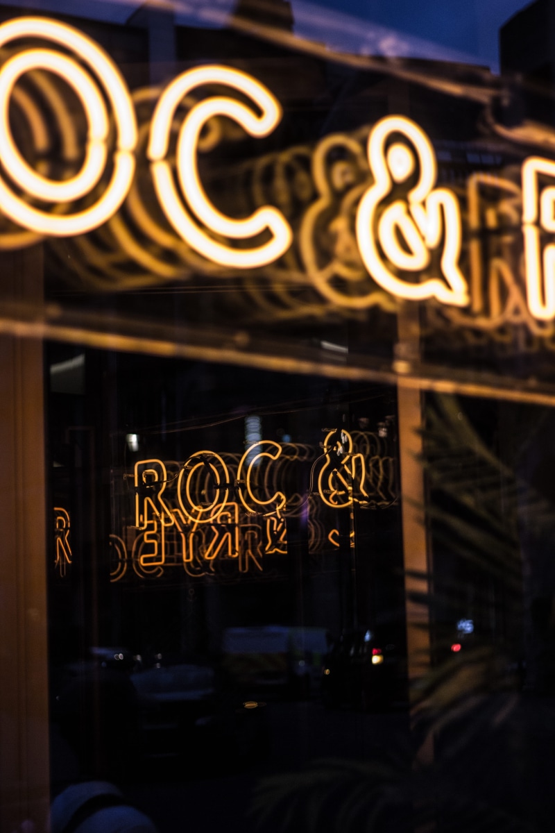 and, signage, reflcetion, roc, shop front, white, orange neon, sign, neon sign, reflection, neon Light, depth, manchester, no People, night, rock, lighting Equipment