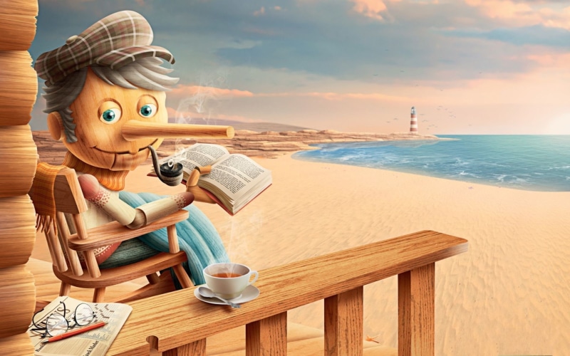 sea, book, happiness, shore, tea, illustration, lighthouse, man, Pinocchio, reading, stay, scarf, 1080P