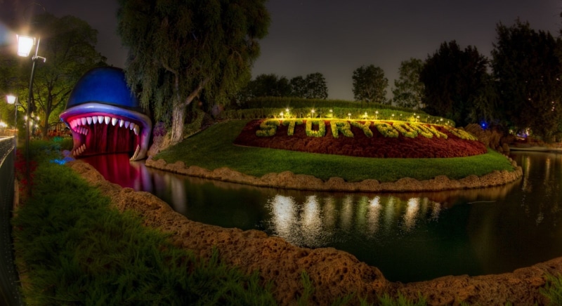 built structure, Monstro, River, Attraction, architecture, Whale, Story, hedge, illuminated, reflection, Land, Storybook, lake, Disneyland, outdoors, green color