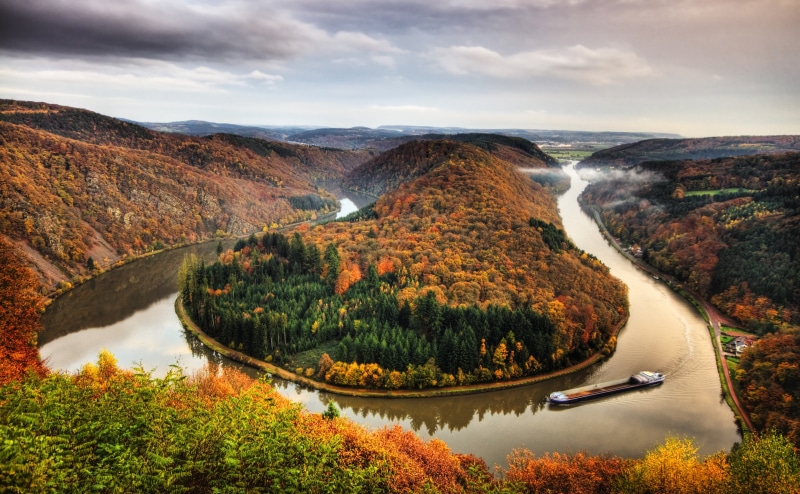 Germany, October, tranquil scene, hd, scenics - nature, herbst, idyllic, aerial, nature, flowing water, plant, change, Saar, cloud - sky, saarschleife