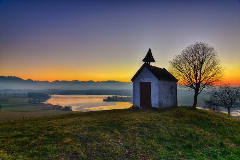 Kirche, Outdoor, Herbst, alps, orange, nature, sunset, Dunst, Kapelle, scenery, evening, Riegsee, house, chapel, landscape, Murnau, photo, shed, colours