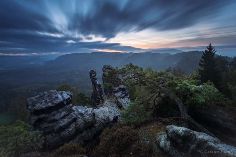 tree, scenics, fog, Elbsandsteingebirge, Nature, outdoors, Herbst, sunrise - Dawn, Germany, mountain, Deutschland, range, sky, Natur, globetrotter, stone