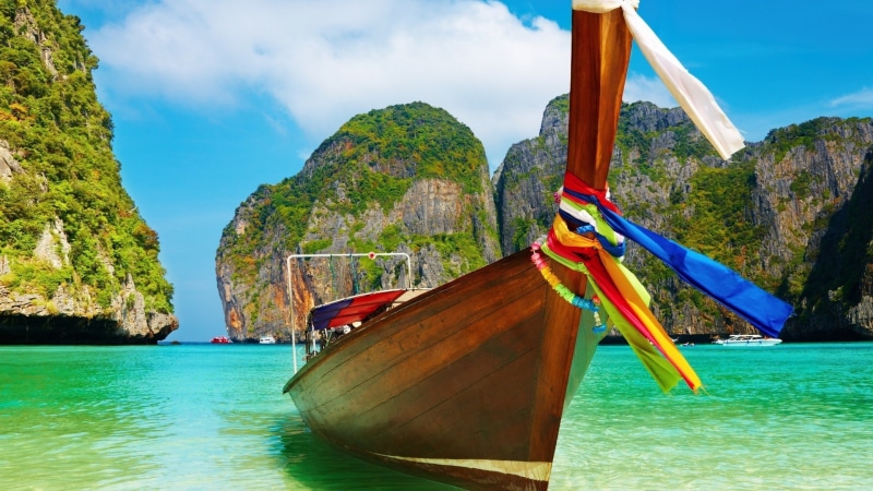 outdoors, mountain, nature, Phi Phi Islands, sea, turquoise colored, non-urban scene, no people, 1080P, bay, boat, day, beauty in nature, land, transportation