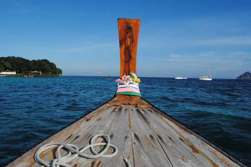 longtail boat, mode of transportation, sun, sea, ko phi phi lee, non-urban scene, scenics - nature, resort, nature, sky, boat, ocean, no people, nautical vessel