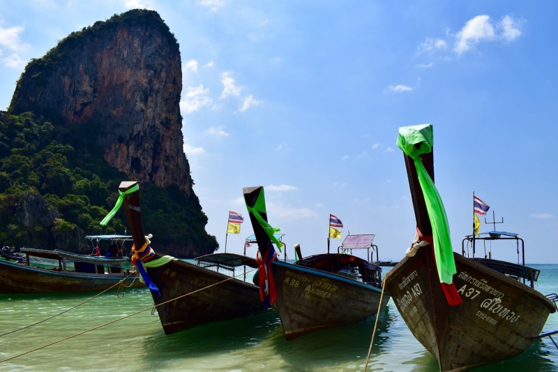 formation, longtail boat, travel, mode of transportation, rock formation, water, day, beauty in nature, thailand, 1080P, sea, nature, rock, railay beach