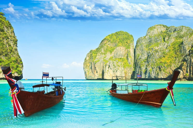 mooring, summer, sky, waterfront, cliff, boats, landscape, lagoon, tourist, idyllic, asia, sea, longtail, beach, seascape, vacations, travel Destinations