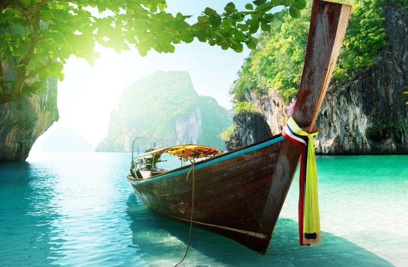 transportation, sea, mountain, water, nautical vessel, outdoors, tree, nature, travel destinations, longtail boat, tranquility, beauty in nature, day, 4K
