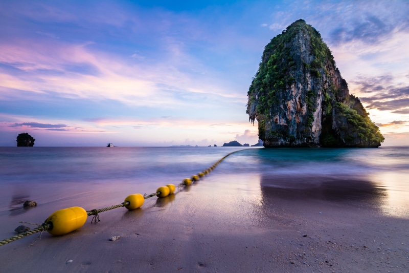 formation, Sunset, body, beach, rock, 1080P, nature, summer, coastline, landscape, Phra, body of water, sky, Andaman Sea, rock formation, Railay, sand