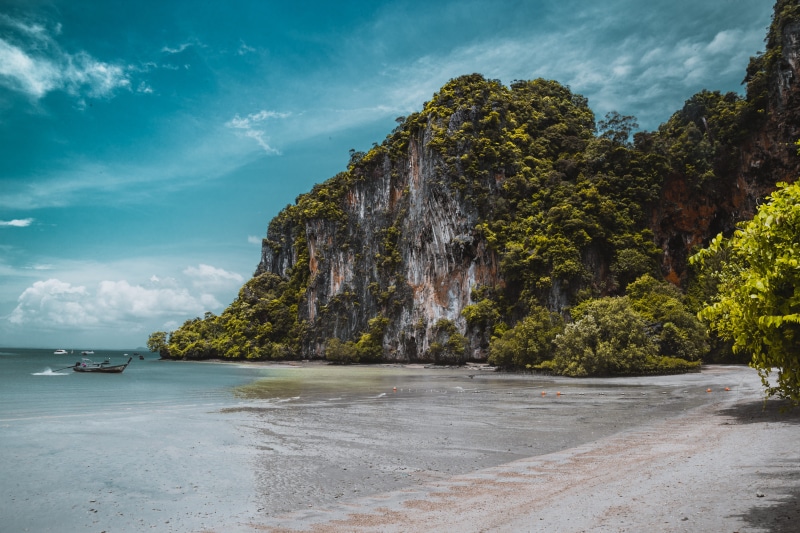 nature, rock - object, tranquility, rock formation, mountains, tranquil scene, sea, rocks, boat, trees, scenics - nature, transportation, land, clouds