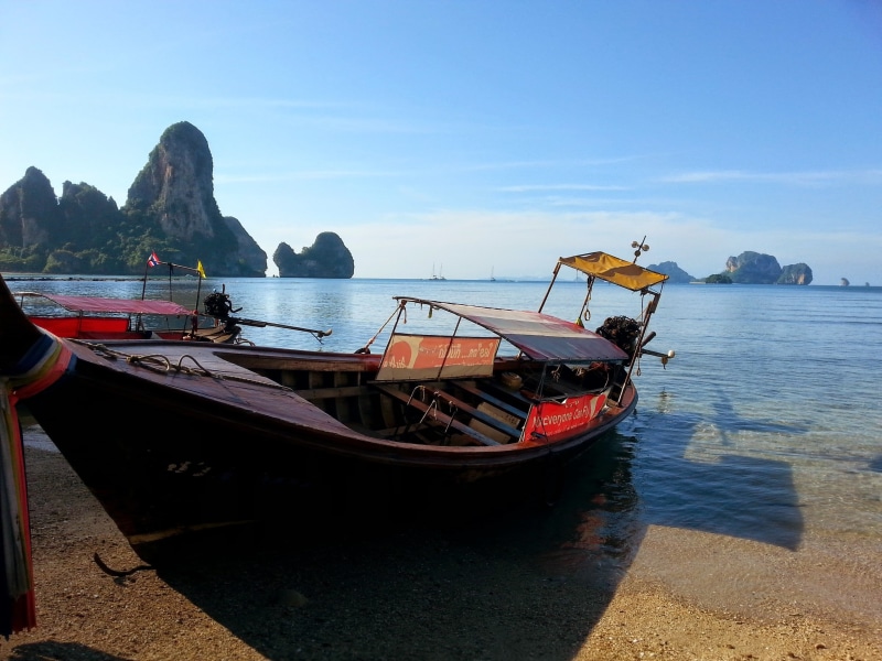 railay, thai boat, tropical, railay beach, nature, canoe, mode of transportation, idyllic, scenics - nature, nautical vessel, coastline, landscape, land