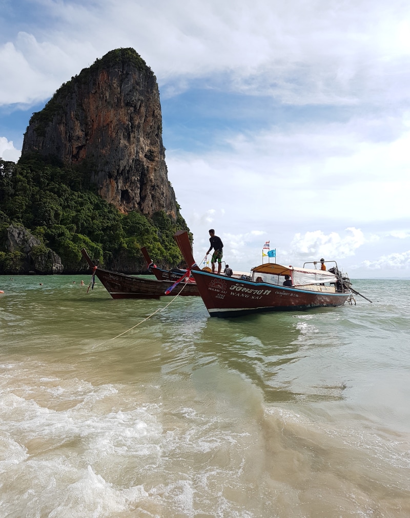 summer, nautical vessel, men, travel, holiday, transportation, nature, ocean, krabi, railay, waterfront, beach, scenics - nature, thailand, thai, rock formation