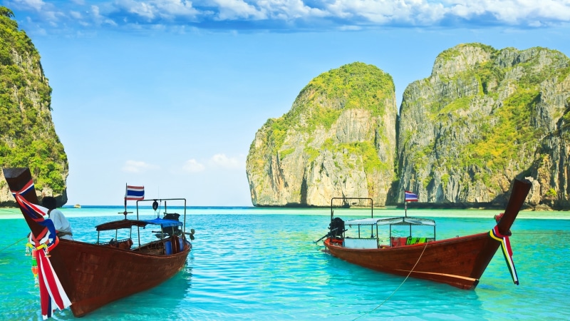 krabi, asia, phi phi islands, bay, ko phi phi le, tropics, thailand, 4K, maya bay, water, boat, sea, sky, rock formation, island, phi phi archipelago