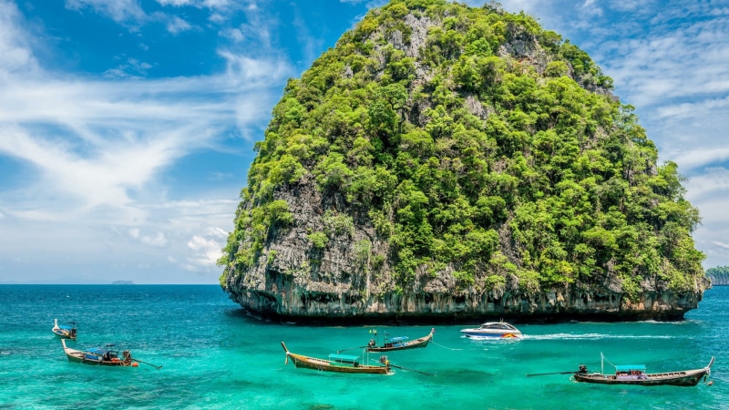 unhabited, beauty in nature, water, tropics, tranquility, travel, ocean, mode of transportation, thailand, tourism, plant, 1080P, turquoise colored, andaman sea