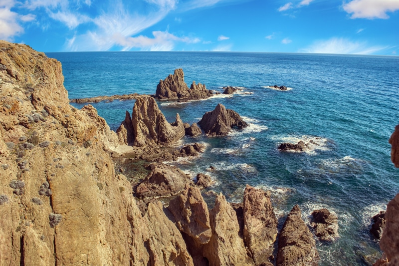 cabo de gata, water, 5K, landscape, sky, scenics - nature, rock formation, beach, cloud - sky, rock - object, stack rock, beauty in nature, horizon, sea