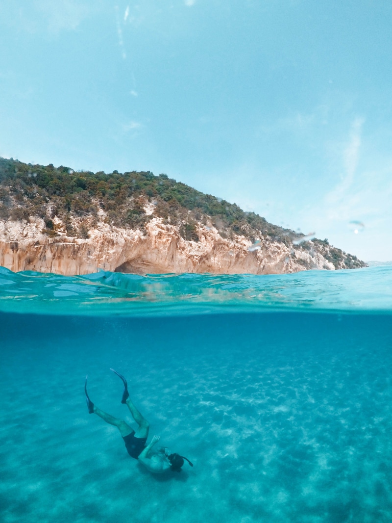 diver, sea life, travel, rock, clear sky, day, tropical, split shot, animal, seascape, split-level photography, seashore, animal wildlife, blue sky, blue water