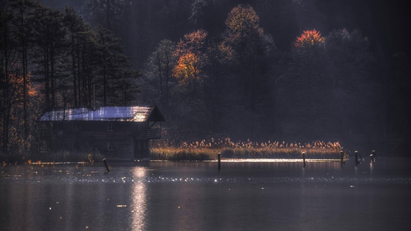 landscape, waterfront, growth, plant, sun rays, 1080P, lake, outdoors, sunlight, night, transportation, fall, body, cabin, autumn, illuminated, nautical vessel