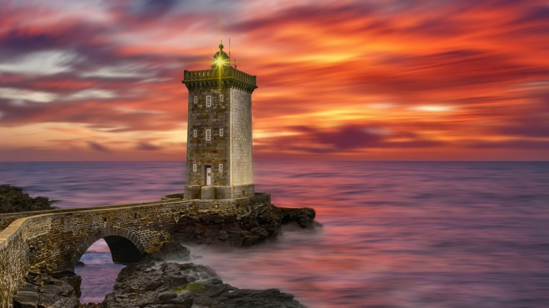 dawn, evening, 4K, horizon, bretagne, guidance, le conquet, water, dramatic sky, sunset, france, sky, travel destinations, building, nature, history, landmark