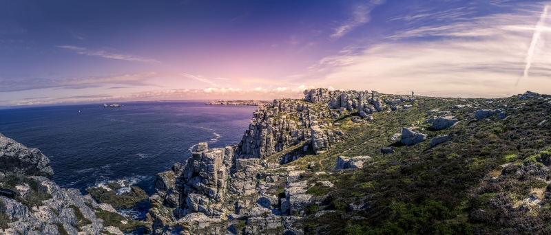 sky, tranquil scene, built structure, tranquility, finistère, france, scenics - nature, plant, sea, ocean, environment, no people, rock, outdoors, sunlight