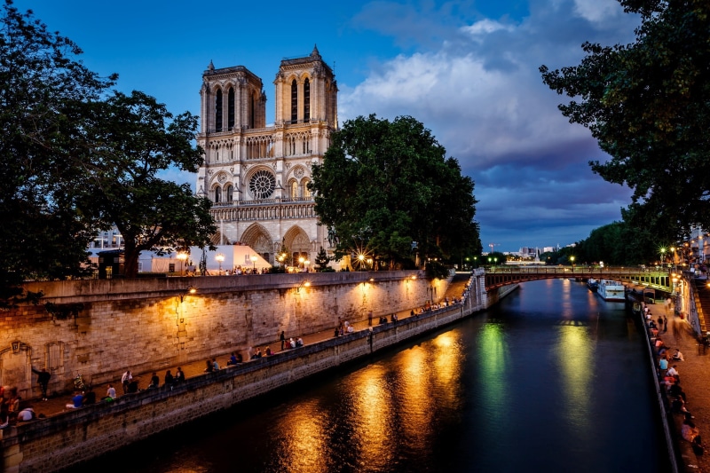notre, dame, Seine, architecture, de, Notre Dame Cathedral, trees, clouds, lights, 1080P, Notre Dame de Paris, light, river, France, city, people, Night