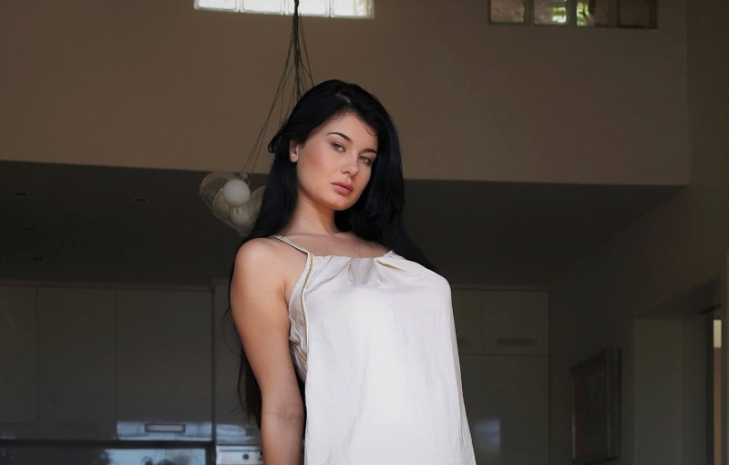 young adult, beauty, face, indoors, waist up, dress, lifestyles, black hair, contemplation, fashion, teenager, long hair, portrait, 720P, Lucy Li, hairstyle