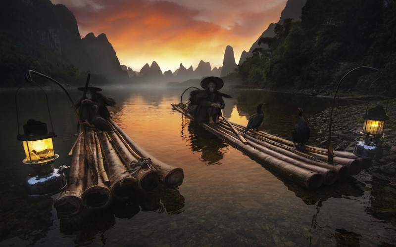 xingping, fishermen, li, sky, lanterns, 4K, village, river, china, android, phone, flaming, sunset, desktop, called