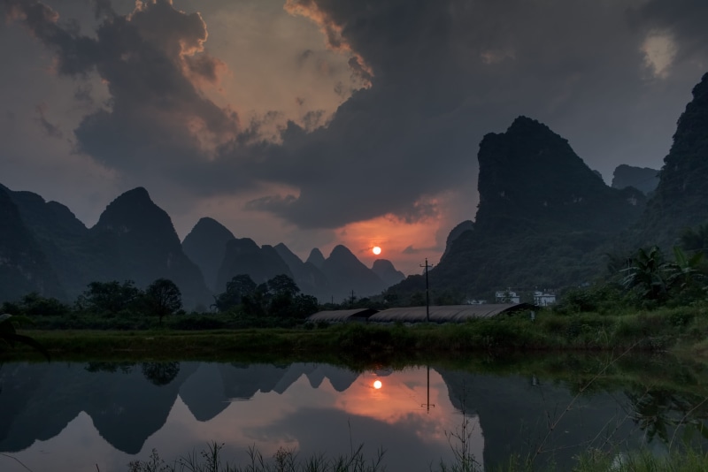 china, plant, tree, tranquility, scenics - nature, idyllic, nature, lake, mountains, yangshuo, guilin, no people, outdoors, cloud - sky, sky, beauty in nature