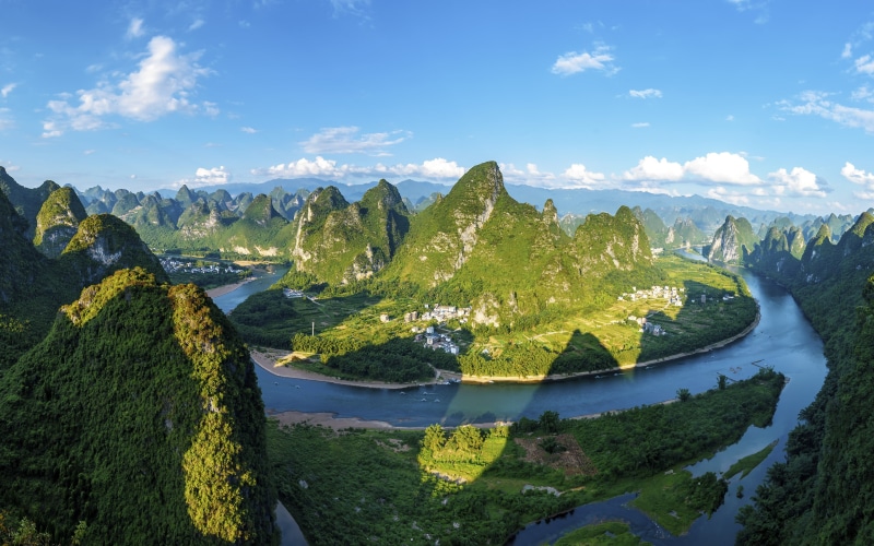 sky, 4K, outdoors, panorama, tranquil scene, non-urban scene, china, water, yangshuo, tranquility, growth, scenics - nature, day, landscape, cloud - sky